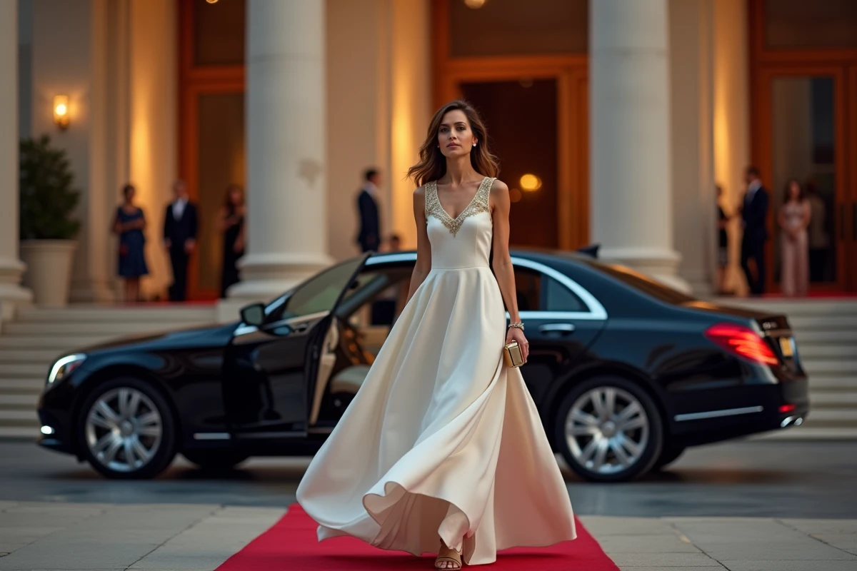 Femme en robe évasée maxi ivoire brodée d'or devant un opéra, look de soirée luxueux et chic prêt à porter