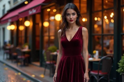 Femme en robe évasée midi en velours bordeaux posant devant une brasserie parisienne le soir, look chic et élégant prêt à porter