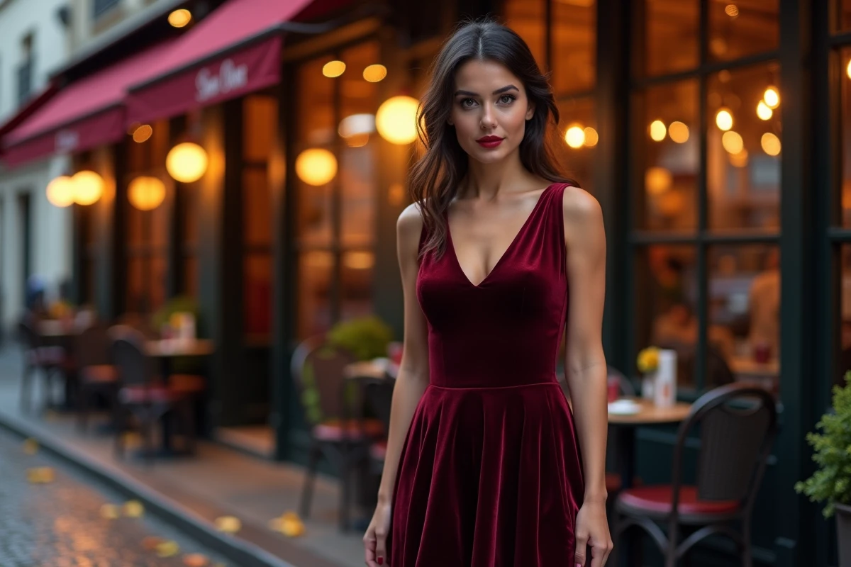 Femme en robe évasée midi en velours bordeaux posant devant une brasserie parisienne le soir, look chic et élégant prêt à porter
