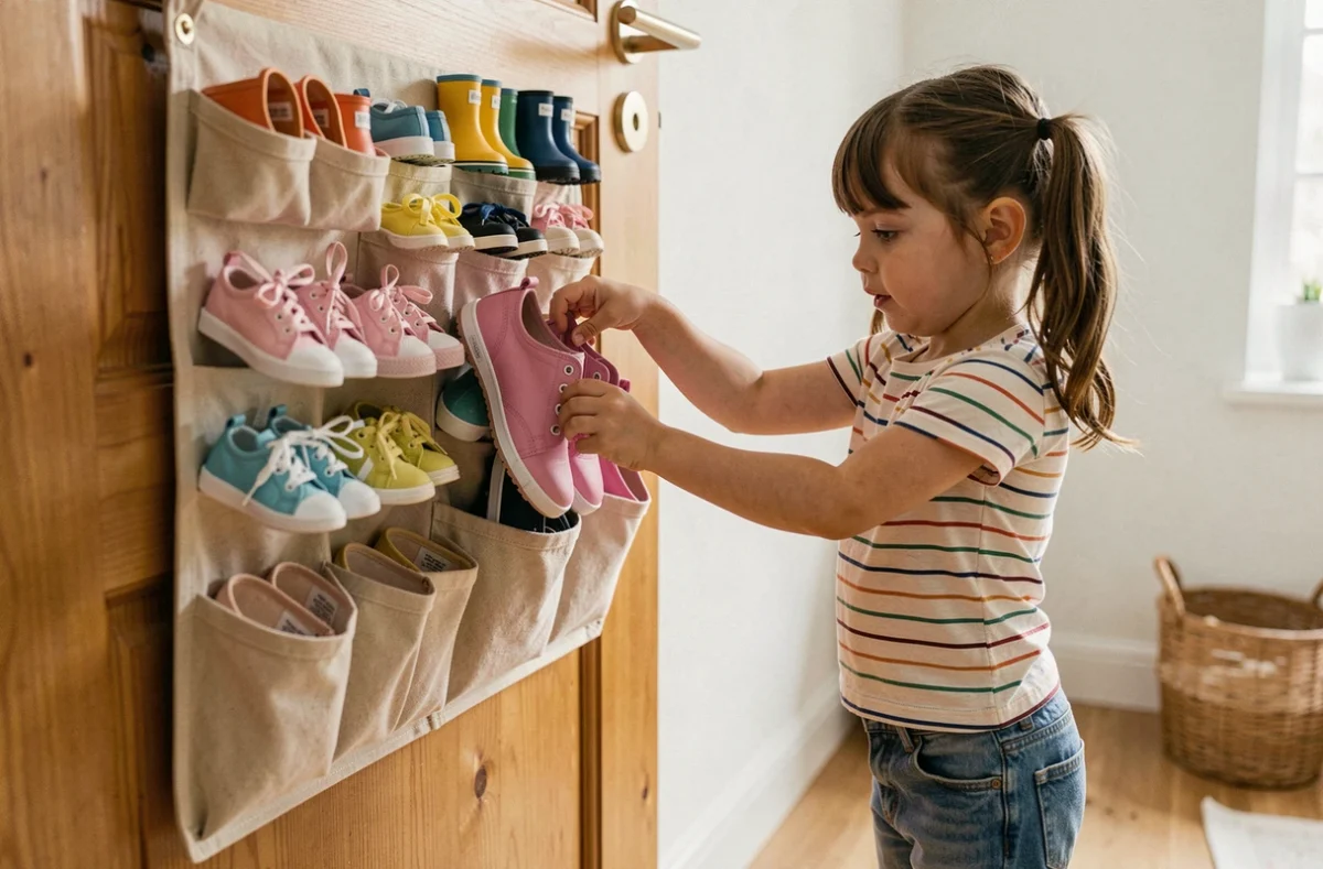 Jeune fille rangeant ses chaussures dans un organisateur tissu accroché à une porte en bois dans une chambre d'enfant scandinave