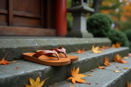 Paire de sandales japonaises traditionnelles geta en bois posées sur des marches en pierre d'un sanctuaire japonais, entourées de feuilles d'érable automnales