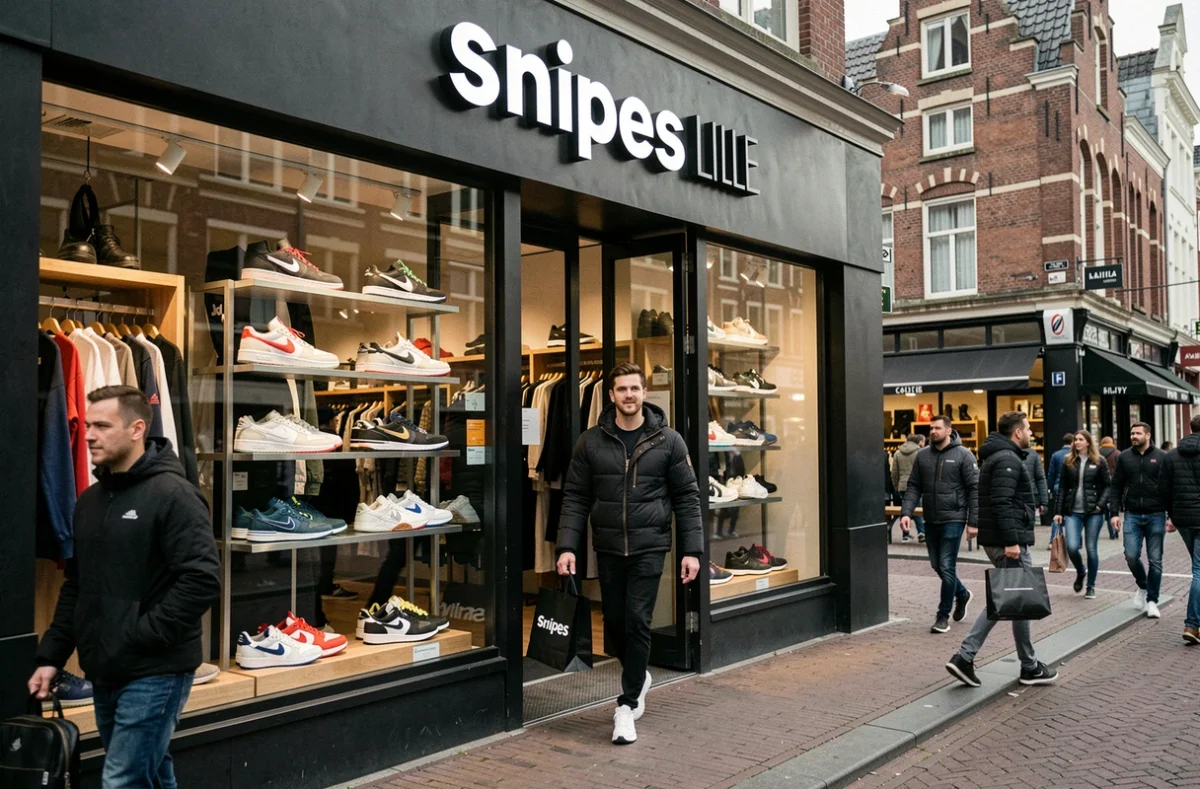 Façade de la boutique Snipes à Lille avec un jeune homme sortant avec un sac de shopping