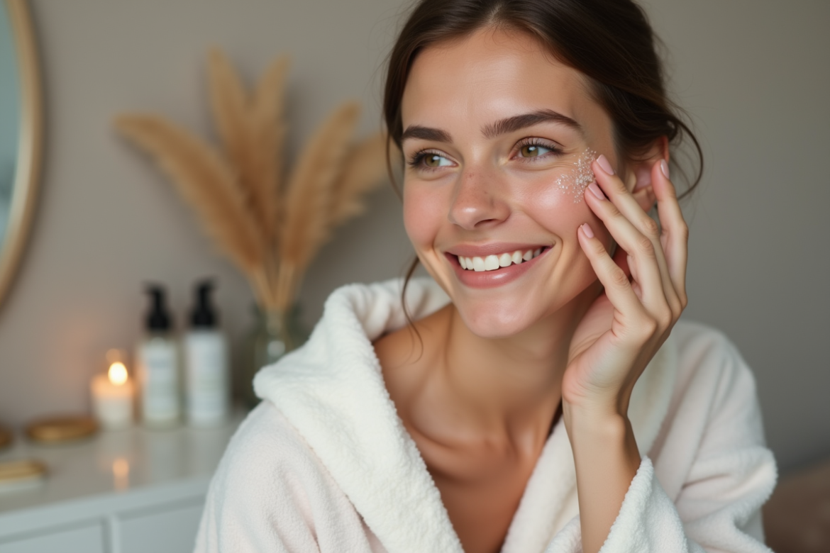 Femme appliquant un serum visage dans sa chambre