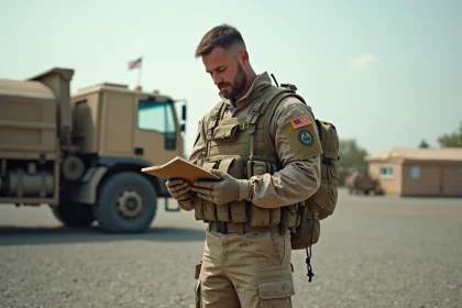 Soldat en uniforme camouflage vérifiant sa liste d'équipement