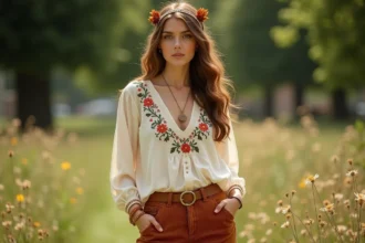 Jeune femme en tenue hippie des années 70 avec blouse paysanne brodée et pantalon pattes d'éléphant dans un parc verdoyant
