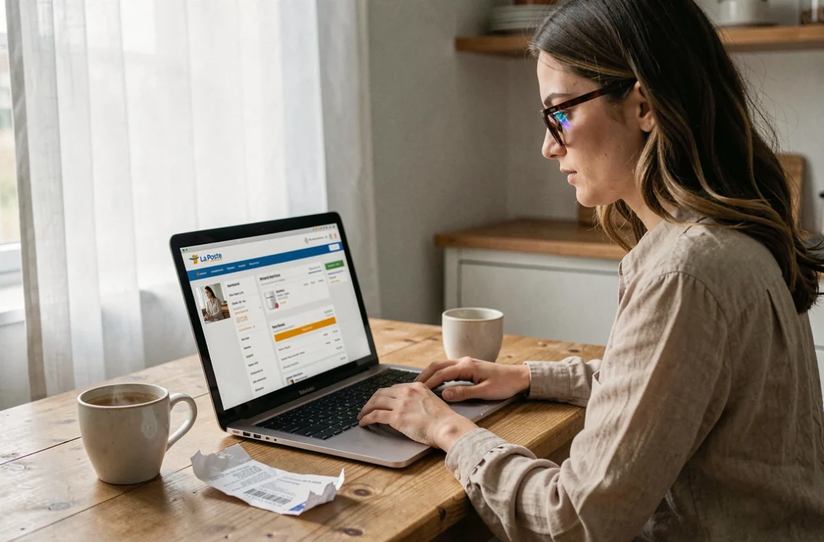 Femme consultant le suivi de colis La Poste sur son ordinateur portable depuis chez elle