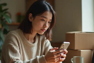 Jeune femme consultant le suivi de colis Shein sur son smartphone depuis son bureau à domicile