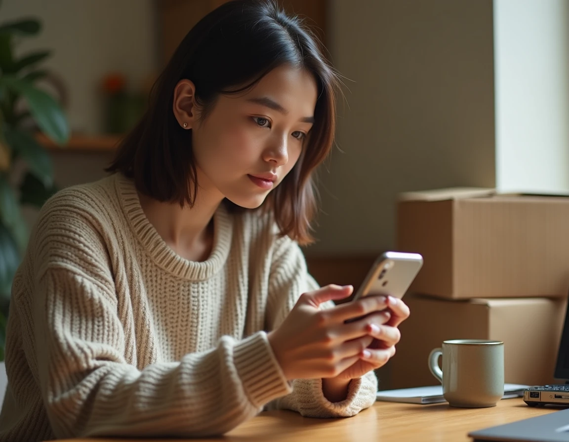 Jeune femme consultant le suivi de colis Shein sur son smartphone depuis son bureau à domicile