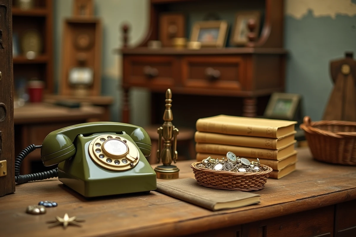 Table de présentation vintage dans une brocante toulousaine avec téléphone bakelite, livres anciens, boussole en laiton et bijoux de costume