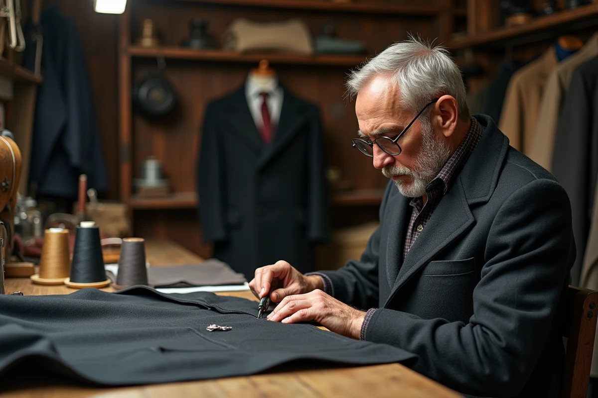 Tailleur réparant un manteau en atelier avec outils anciens