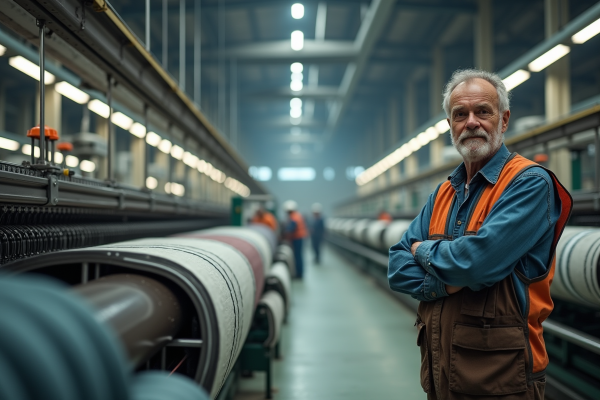 Technicien supervise machines à tisser dans une usine textile