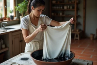 Femme teignant un rideau blanc en noir avec de la teinture textile dans un bol en céramique, ambiance atelier artisanal