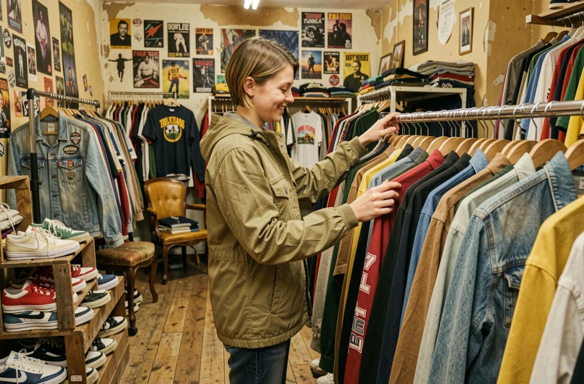 Intérieur de Tilt Vintage à Lille avec des racks de vêtements rétro et une cliente feuilletant les articles