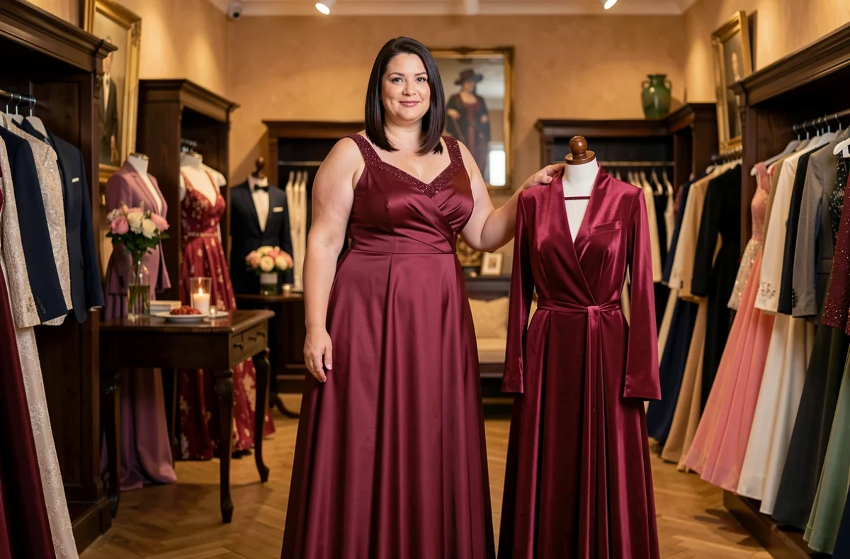 Une femme en robe de cérémonie grande taille dans la boutique Toscane à Lens, spécialisée en mode et cérémonie