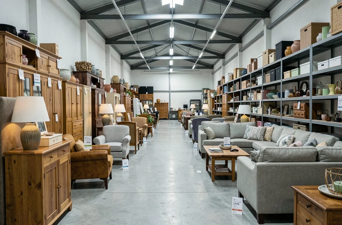 Showroom du Troc.com de Besançon avec mobilier et objets d'occasion disposés en rayons dans un grand entrepôt