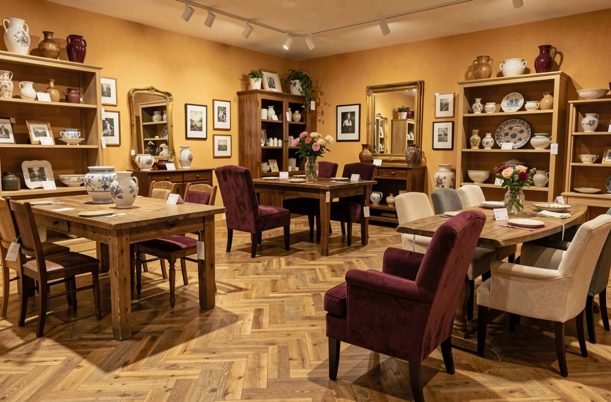 Showroom Troc.com Dijon avec mobilier d'occasion et décoration en style bourguignon exposés en vignettes thématiques dans un grand espace