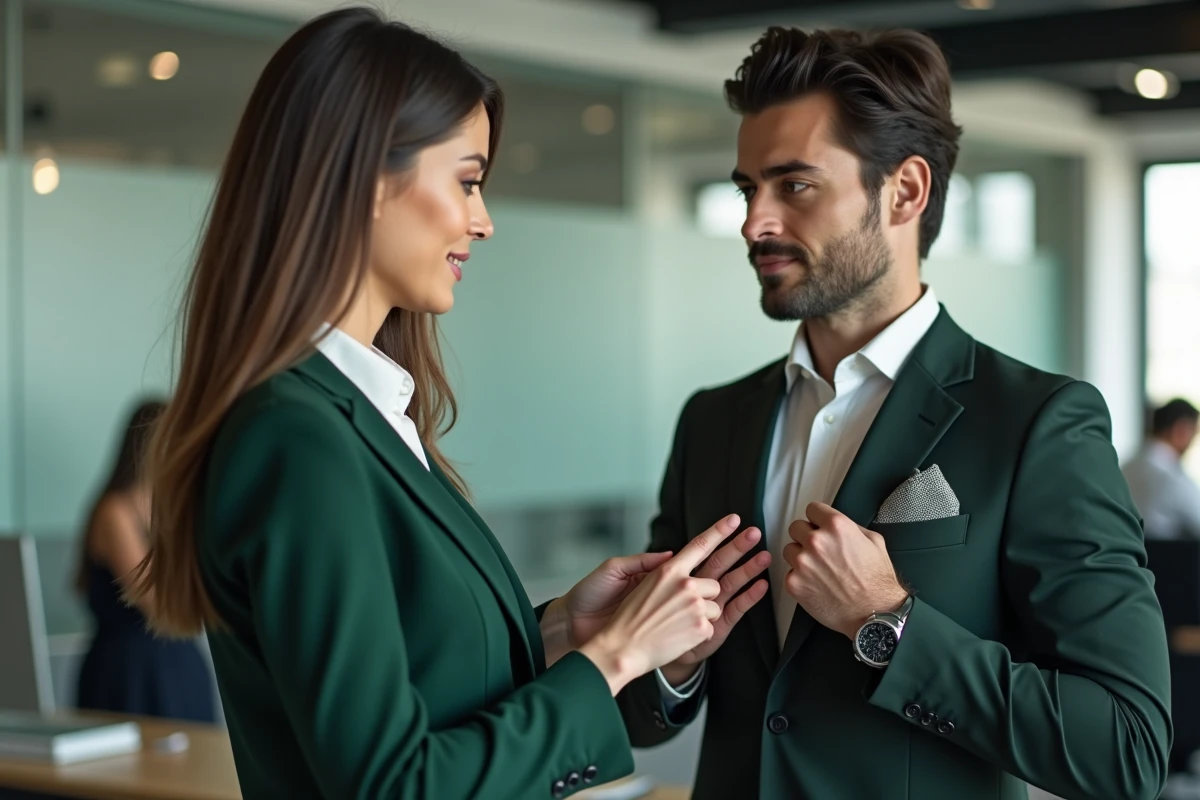 Femme en blazer vert montrant à un collègue comment plier une pochette de costume dans un bureau moderne