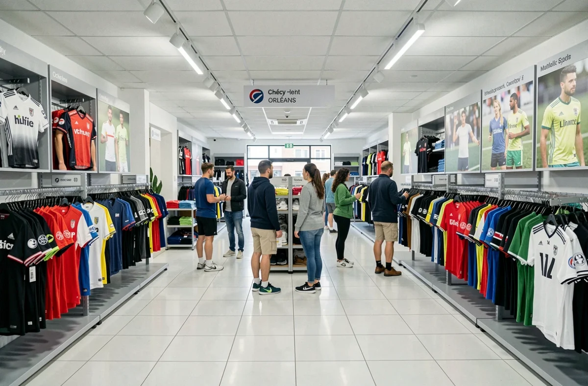 Magasin multisport Twinner à Chécy avec différents rayons de vêtements sportifs et des clients faisant leurs achats