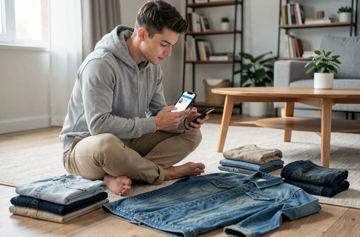 Jeune homme photographiant des vêtements pour les vendre sur une plateforme de revente en ligne type Vinted, depuis son appartement