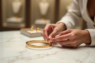 Main féminine tenant un bracelet jonc en or jaune pour en vérifier la qualité dans une bijouterie