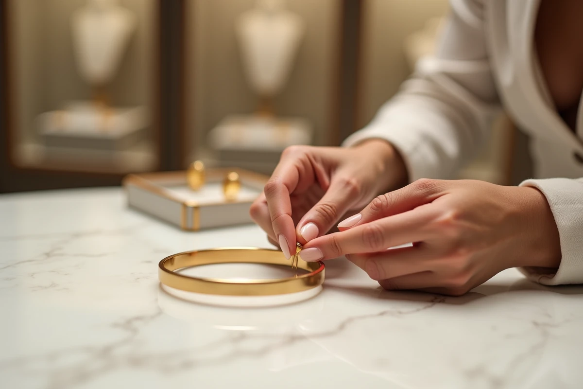 Main féminine tenant un bracelet jonc en or jaune pour en vérifier la qualité dans une bijouterie
