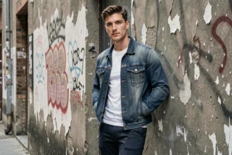 Homme en veste en denim brut style streetwear posant dans une ruelle urbaine avec mur en béton texturé