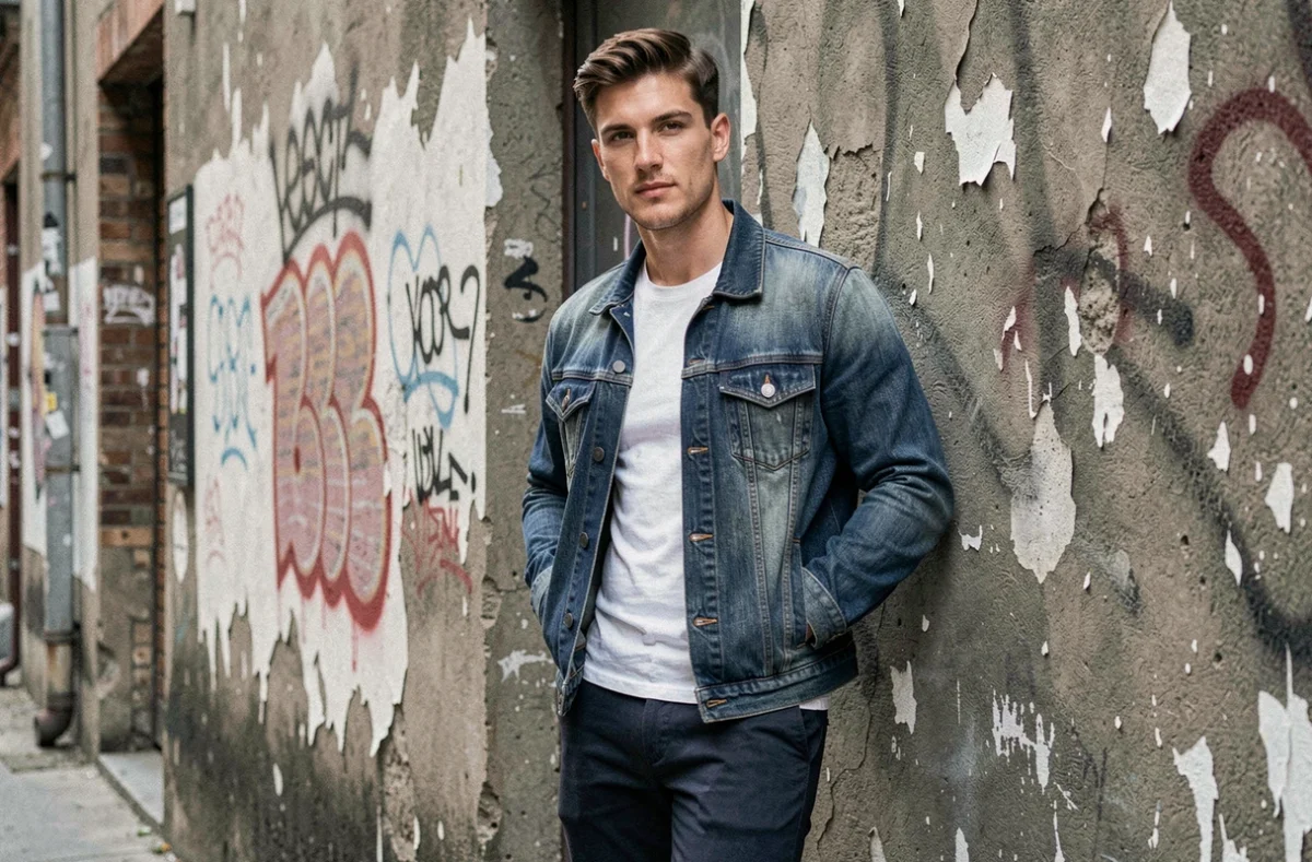 Homme en veste en denim brut style streetwear posant dans une ruelle urbaine avec mur en béton texturé