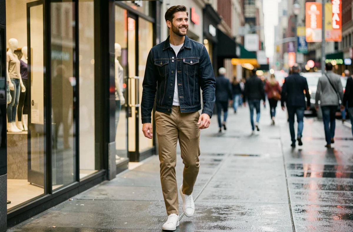 Homme en veste denim navy structurée streetwear chic marchant sur un trottoir animé en ville