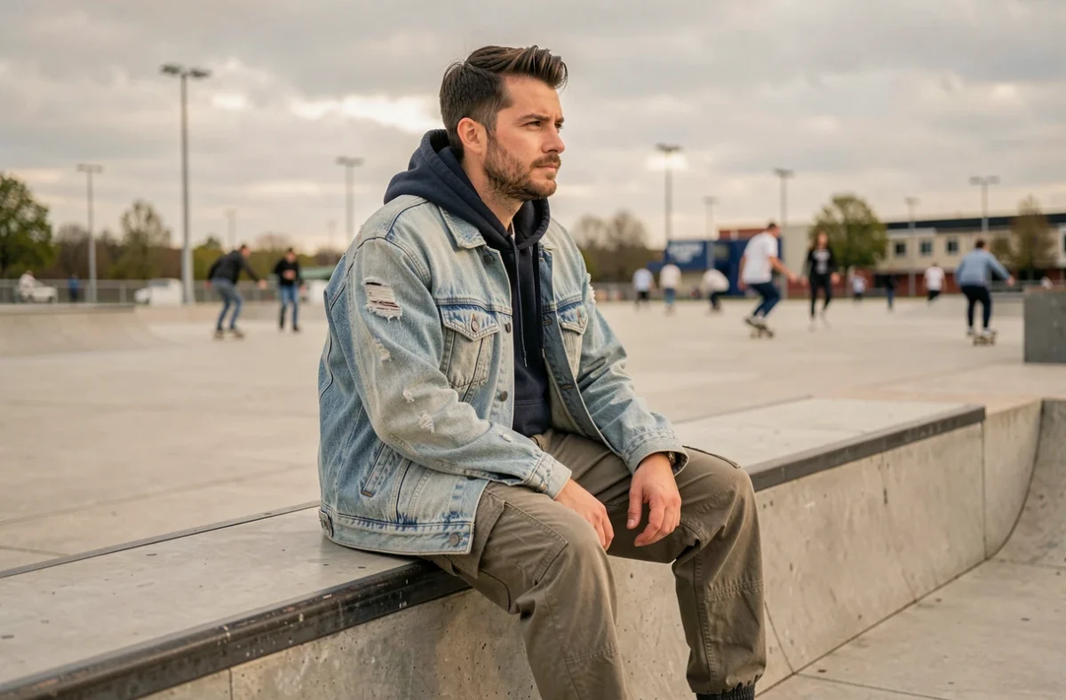 Homme en veste denim oversize layering streetwear assis sur un rebord de skate park en béton
