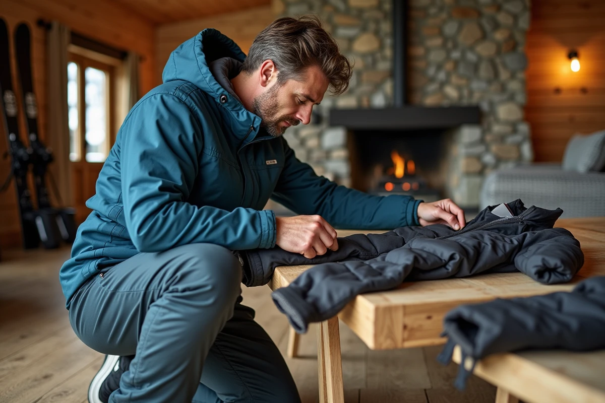 Homme examinant les labels de certification éthique sur des vêtements de ski haut de gamme dans un chalet alpin en bois