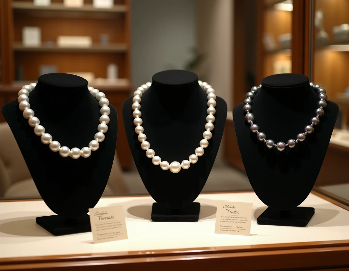 Vitrine de bijouterie avec trois colliers de perles de Tahiti sur présentoirs en velours noir avec étiquettes de prix