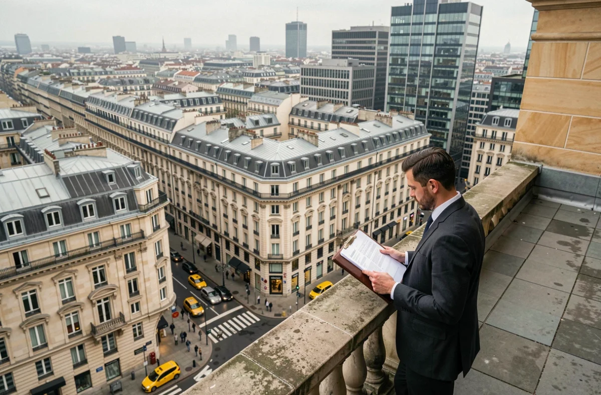Vue aérienne d'un quartier d'affaires européen avec un homme en costume consultant des documents sur un toit-terrasse, symbolisant la gestion d'un portefeuille immobilier de luxe